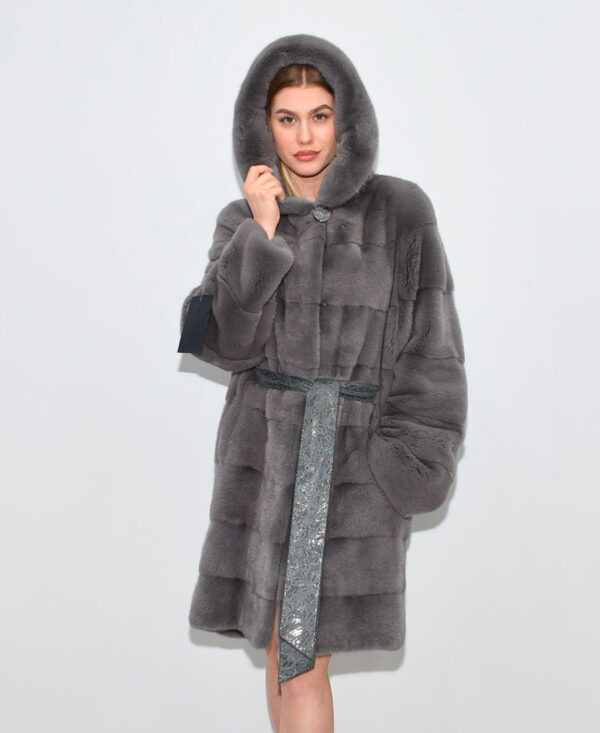 Midle fur coat  Mink duble hood  90cm Grey