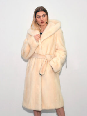 Long fur mink coat duble hood 100 cm Pearl